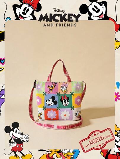  1 pieza Bolsa de almuerzo con licencia oficial de Disney Mickey Mouse, bolso de mano con estampado, bolso de lona con asa para uso diario, bolso de hombro de lona casual con diseño de dibujos animados lindo para mujeres/niñas para compras, uso diario y accesorios de moda