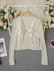 2件套 女士金属扣长袖针织开衫短外套+吊带背心，春夏款 - 杏色 - 查看 6