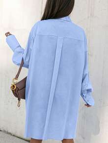 Oversized Loose Fit Long Sleeve Shirt For Women, Casual Blue Blouse With Front Short Back Long Design, Spring/Summer - Blue - View 4