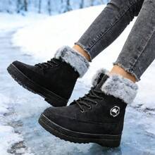 Women's Mid-Calf Boots, Women's Snow Boots, Warm Winter Shoes, Stylish Plush Trim, Thickened Fleece Lining, Suitable For Snowy Outings, Cold Winter Boots, Thickened Sole, Non-Slip And Wear-Resistant. - màu đen - Xem 2