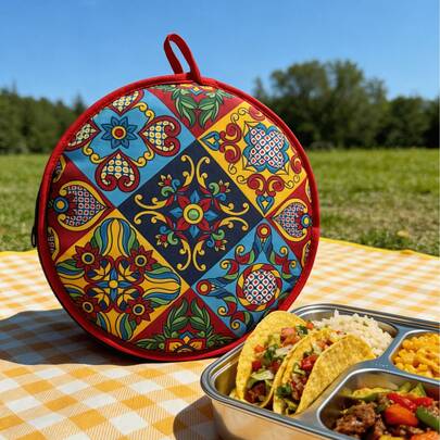 波西米亚曼陀罗图案保温食品袋 - 可重复使用的午餐卷饼/披萨保温袋，适用于厨房/野餐，时尚圆形保温容器