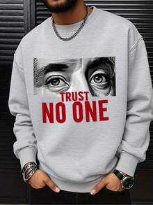 (250g  Men's Round Neck Sweatshirt)  Trust No One  Red Eyes Pattern Printed Casual Pullover With Street Style, Suitable For Outdoor Wear In Autumn And Winter - 淺灰色 - 查看 1