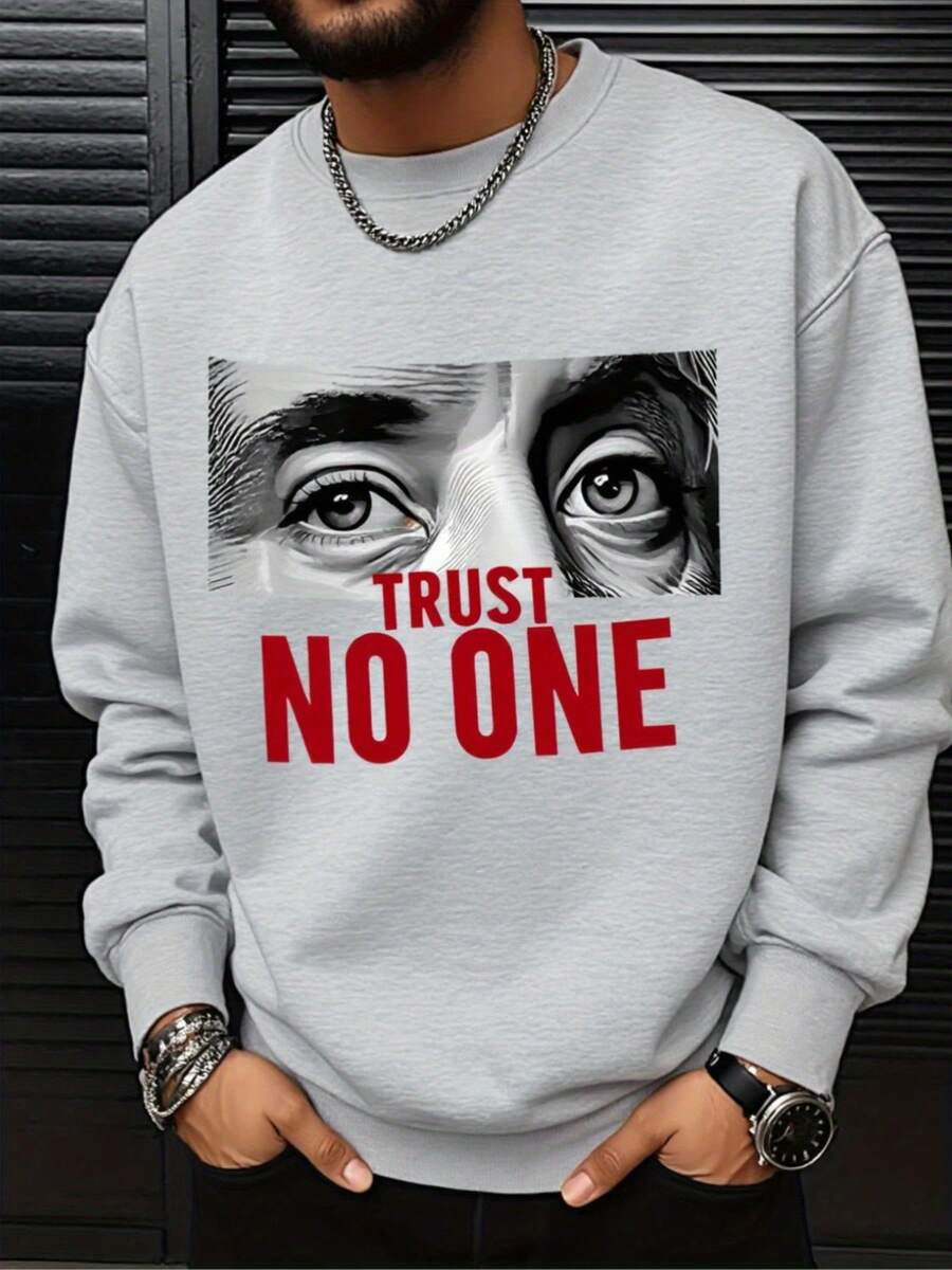 (250g Men's Round Neck Sweatshirt) Trust No One Red Eyes Pattern Printed Casual Pullover With Street Style, Suitable For Outdoor Wear In Autumn And Winter - 淺灰色 - 查看 1