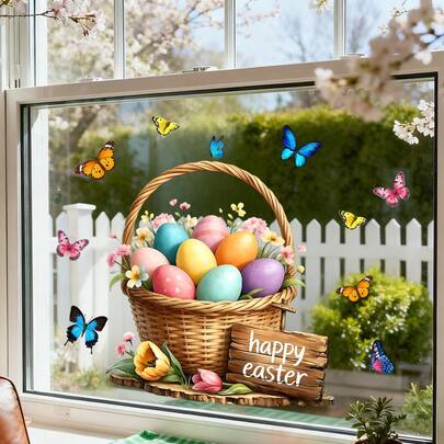 1/2pcs Happy Easter Window Clings Dwarf With Bunny Ears Colorful Eggs Sticker Double Sided Butterfly Decals Welcoming The Arrival Of Spring For Glass Door Party Decoration Static Film