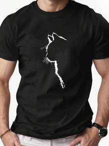 Men's Fashion Cat Silhouette Print Round Neck Short Sleeve T-Shirt - Black - View 1