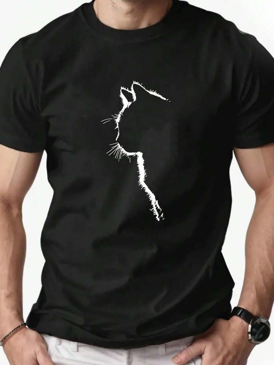 Men's Fashion Cat Silhouette Print Round Neck Short Sleeve T-Shirt - Black - View 1