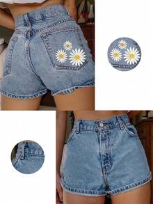 Quần short denim không co giãn dành cho nữ sinh trung học, có túi và thêu họa tiết. - Rửa nhẹ - Xem 3