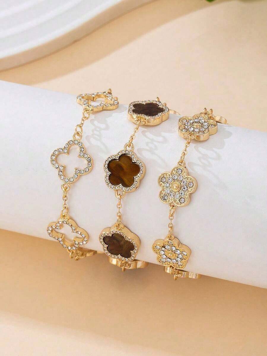 3pcs Luxurious High-End Clover Rhinestone Decor Bracelet Set, Brown & Gold, Elegant & Sweet Women Bracelet Set, Stackable/Versatile - Multicolor - View 1