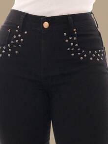 pthirillo Women's Black Flare Jeans With High-Waisted Butt-Lifting Effect And Rhinestone Detail. - 口袋裡的釘子 - 查看 1