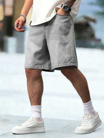 Quần short denim màu xám nhạt, phong cách đường phố thường ngày, thời trang dành cho thiếu niên nam, phong cách Y2K.