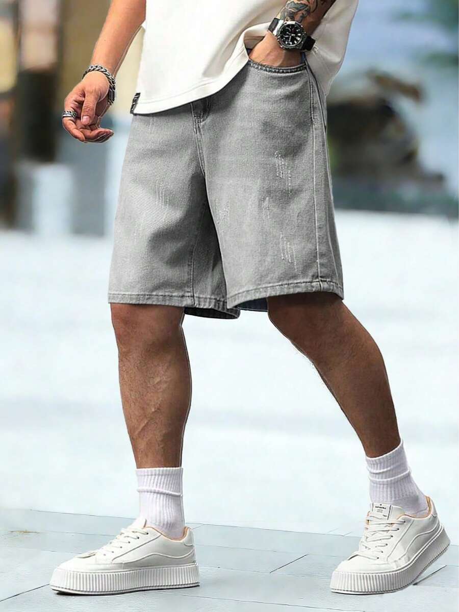 Teen Boy Fashionable Casual Street Y2K Style Light Grey Denim Shorts - Light Grey - View 1