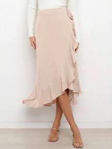 Women's Flowy Wrap Midi Skirt With Tie Waist And Split Hem, Lightweight Casual Summer Beach Skirt For Holiday - 米色 - 查看 3