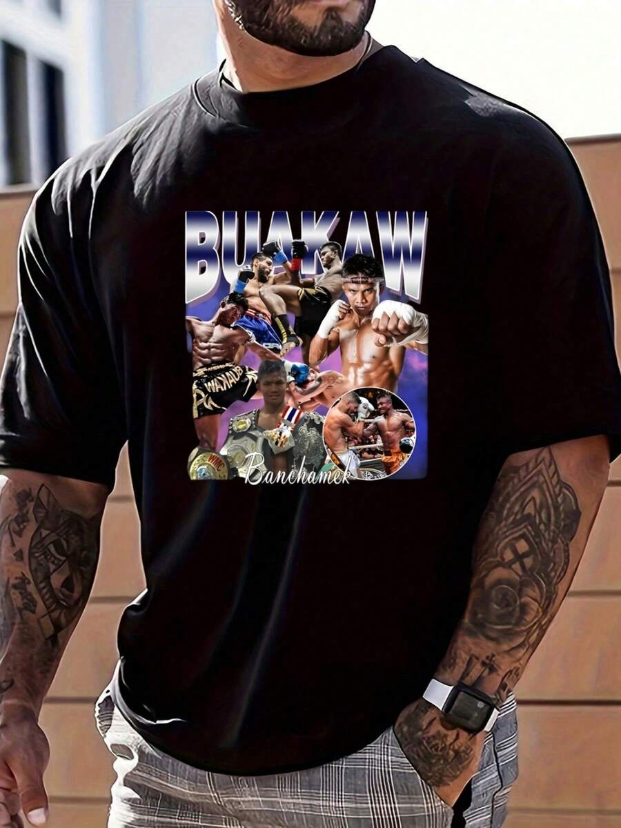 Dynamic Buakaw Boxing Themed Collage Graphic Top,Soft & Lightweight Skin-Friendly T Shirt For Men,100 Percent Cotton Graphic T Shirts,Y2K Street Style American Style Tops, Valentine's Day Gifts For Boyfriend/Husband/Father - Black - View 1
