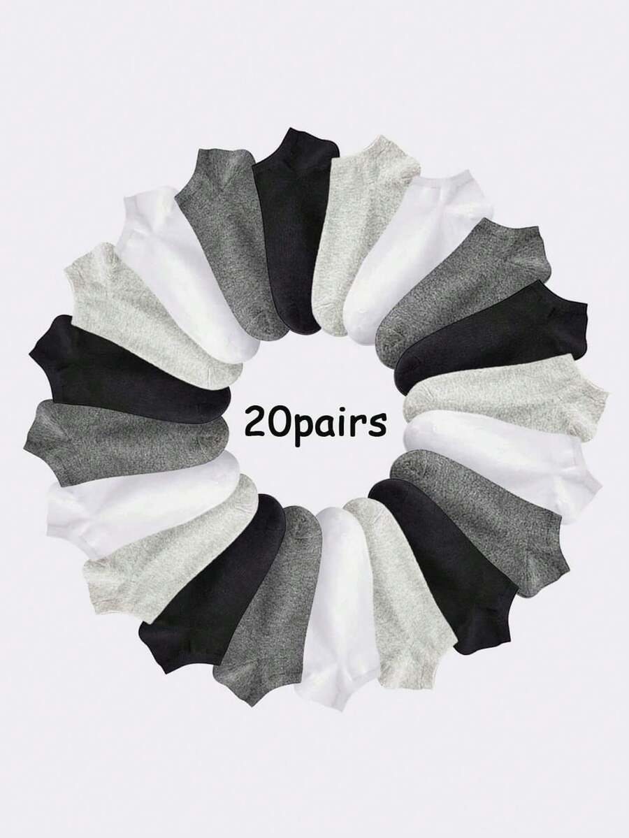 10/20pcs Men's 4-Color Casual Boat Socks, Plus Size Solid Color Minimalist Ankle Socks In Black, White, Gray, Versatile For Daily Wear - Multicolor - View 1