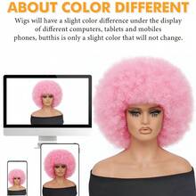 DZfirst 女士粉色短卷发非洲风假发，70年代蓬松大卷发，优质合成纤维，适合角色扮演和日常佩戴 - 粉色 - 查看 11