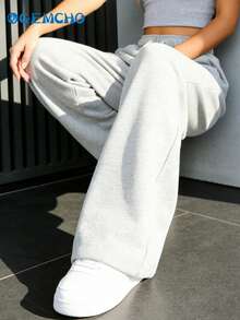 GEMCHO 1pc Women's Drawstring Waist Loose Wide Leg Casual Sweatpants, With Pockets, Knit Fabric, Slightly Stretchy, Casual Jogging Workout Pants, Suitable For All Seasons - Light Grey - View 3