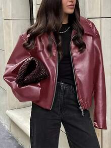 Oversized Collared Zip-Up Jacket Jackets For Women  Long Sleeve Tops Women  Red Blazer Women  Womens Tops  Light Jacket Women  Pink Leather Jacket - 紅色 - 查看 4