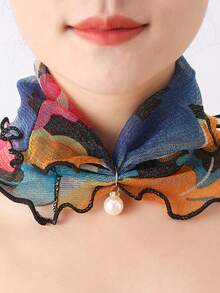 1pc Faux Pearl Pendant Scarf Necklace, Lace Collar Chiffon False Collar - Black and White - View 15