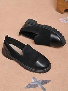 Women's All Black Slip-On Casual Shoes Comfy Knit Fabric Platform Serrated Sole Daily Wear Flats - Black - View 2