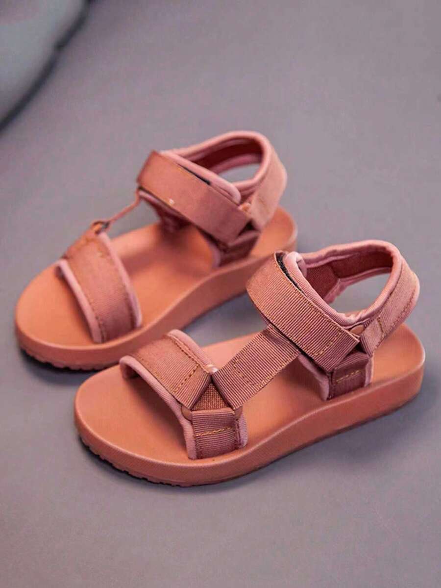 2022 Summer New Solid Soft Bottom Beach Sandals For Toddlers & Little Kids, Hook And Loop Closure - Brown - View 1
