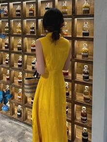 Vestido largo de mujer Vestido sin mangas amarillo de moda, elegante y exclusivo, nuevo en verano, estilo Hong Kong, hermoso vestido largo entallado para mujer - Amarillo - Ver 3