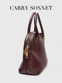 Burgundy Round Top Handbag, Zipper Closure, Metal Hardware, Elegant Commute & Date Style, Women's Bag, Women's Gift - Burgundy - View 6