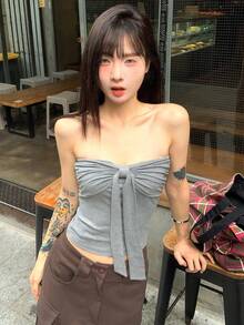 Bow Tie Camisole Crop Top, Sexy Slim Fit Design, Summer - Grey - View 8