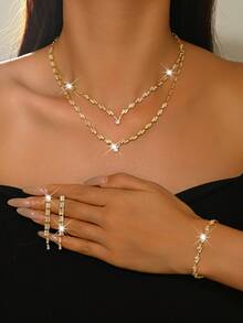 1 Set Fashionable Luxury Shimmering Clavicle Chain, Necklace, Earrings, Bracelet Jewelry Set, Suitable For Women's Daily, Wedding, Party Wear - Jewelry Set - View 19