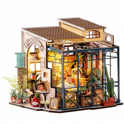 Robotime Rolife Mini-Haus-Set – Emilys Blumenladen, Mini-Puppenhaus, 3D-Puzzle mit LED-Beleuchtung, Holzbaustein-Set, Sammlerstück für die Heimdekoration, Geschenk für Teenager und Erwachsene