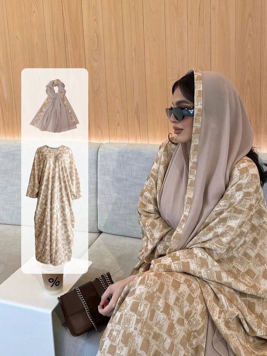 2pcs Set Elegant Geometric Print Robe & Matching Headscarf, Suitable For Everyday Or Casual Occasions, All Seasons