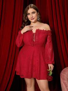 Plus Size Women's Elegant Lace Off Shoulder Lantern Sleeve Waist Cinched Dress, Full Lace Fabric With Refined Texture, Plus Size Flattering And Slimming, Suitable For Summer Date Night, Luxury Party, Gathering With Friends, Summer Festival, Night Event, Holiday Outing - Red - View 5