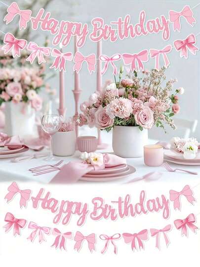 1 Set, Bandera, Tema de lazo Feliz cumpleaños Tirar de la bandera, Bandera de papel de lazo rosa de cumpleaños, Decoración de fiesta de 1er cumpleaños, Suministros para fiesta de baby shower, Decoración de fiesta de cumpleaños Feliz cumpleaños, Favor de fiesta, Decoración colgante de pared