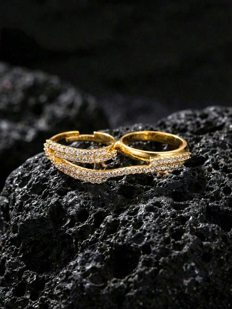 1pc Fashionable Niche Elegant Luxury Fully Paved Double Finger Ring, Sophisticated Jewelry Accessory