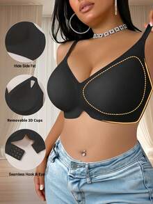 Plus Size Women's Jelly Strap Soft Support Bra, Wireless Padded Push Up Bra - Black - View 2