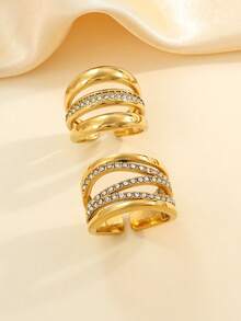 2pcs Stainless Steel Fashionable Luxurious Gold-Tone Open Ring Set, Inlaid With White Rhinestones, Suitable For Women's Daily Wear Or Gift - Yellow Gold - View 2