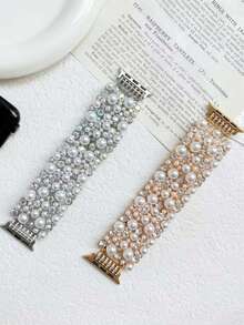 1条银色珍珠钻石弹性表带，时尚独特，男女通用，兼容38毫米至49毫米的苹果手表，是婚礼、度假、毕业典礼和开学季的完美礼物。