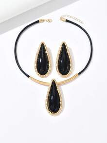 3件套复古黑色绳索项链耳环首饰套装，搭配黑色水滴形撞色吊坠，时尚优雅，适合女性日常、节日、送礼、度假、派对和宴会等场合佩戴。 - 彩色 - 查看 4