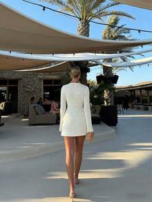 Women's Hollow Out Beach Vacation Dress With Ring, Long Sleeve Knit Cover Up, Slim Fit, Versatile & Fashionable For Summer - Apricot - View 7