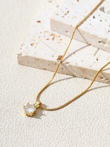 Nooxian 1pc Women's Pendant Necklace, Minimalist Layered Style, Stainless Steel Cubic Zirconia Round Pendant Necklace, Versatile Daily Wear & Gift Accessory - Yellow Gold - View 3