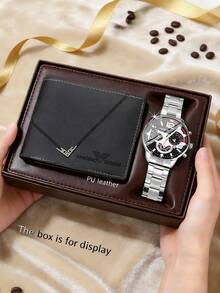 2pcs/Set Men's Business Silver Watch Set, Including 1 Silver Metal Band Multi-Function Black Dial Quartz Watch And 1 Black PU Leather Wallet. Steady And Elegant Style, Showcasing Fashionable Charm. Suitable For New Year's Office, Business Meetings And Various Occasions. - Silver - View 1