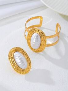 Bộ 2 món nhẫn và vòng tay đính ngọc trai lớn bằng kim loại sang trọng, thích hợp cho phụ nữ đeo hàng ngày. - Vàng - Xem 6