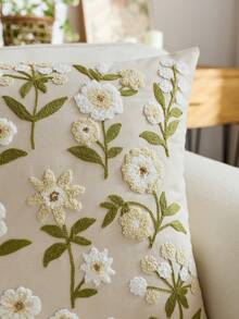 1 pieza Funda de cojín bordada con flores primaverales en beige, Funda de cojín con mariposas y flores silvestres de primavera/verano, Adecuada para decoración interior, Funda de almohada para todas las estaciones, Almohada interior no incluida - Beis - Ver 2
