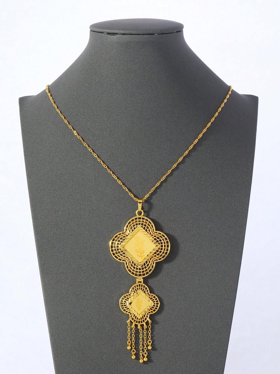 1件中东/沙特阿拉伯风格金色镂空梅花激光切割乌丹玫瑰流苏吊坠项链，适合女性在斋月期间佩戴 - 金黃色 - 查看 1