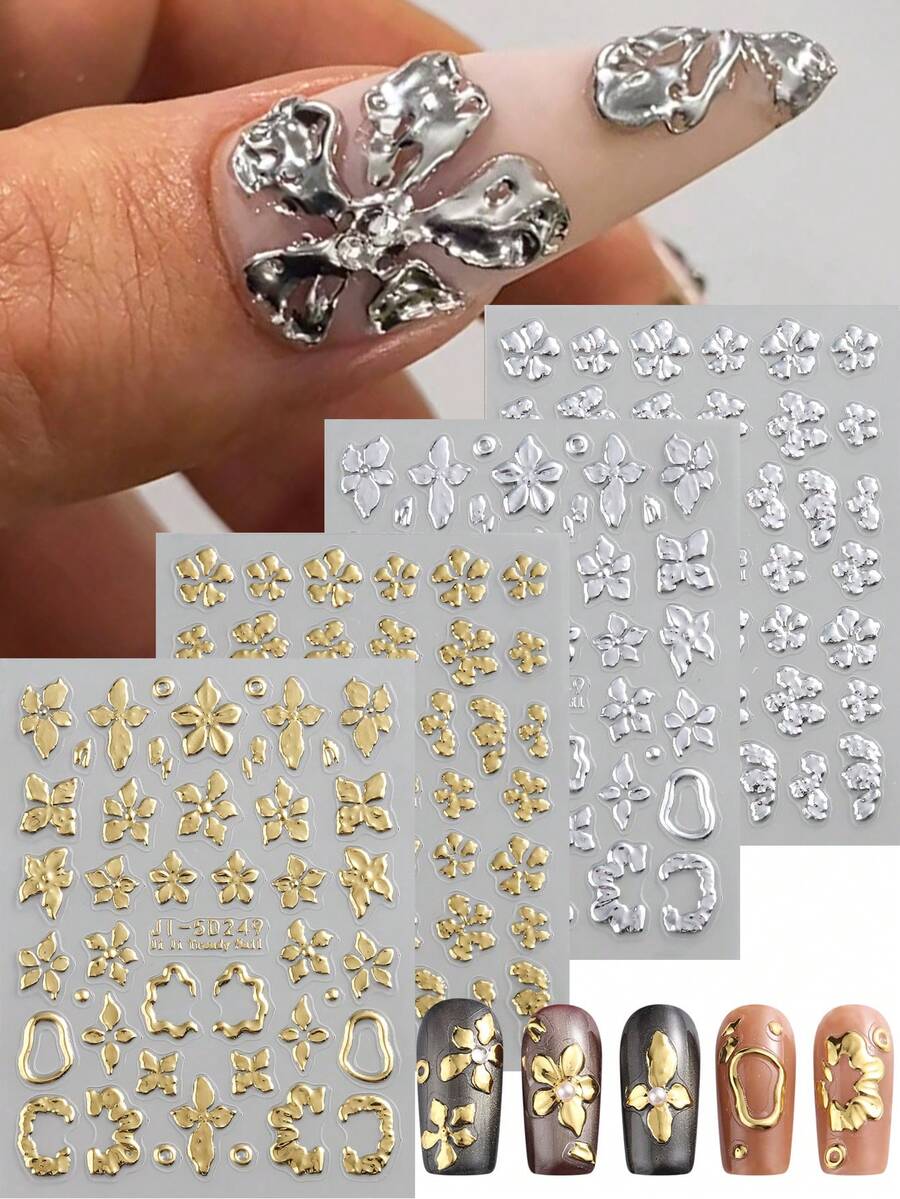 Gold/Silver Flower Nail Stickers 5D Metallic Floral Leaf Nails Decals Gold Cherry Blossom Petal Nails Design Wedding Nail Supplies For Women Girl DIY Spring Nails Art Decorations Nails Charms - Multicolor - View 1