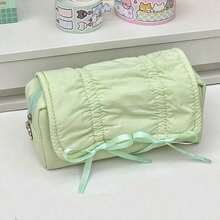 1 Piece Women's Cloud White With Ruched Ruffle Detail & Delicate Bow Accents Soft Puffy Nylon Pencil Pouch, Romantic & Feminine Style Multi-Functional Stationery Organizer With Spacious Zippered Compartment For Storing Pens, Highlighters, Cosmetics & Small Daily Essentials, Ideal For School, Office, Travel & On-The-Go Touch-Ups - 彩色 - 查看 7