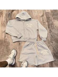 Men 2 Piece Set,Men's Solid Color Hooded Sweatshirt 3D Print Cardigan Sweatshirt Shorts Set - XHbkbwT79-灰 - View 2