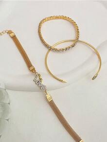 Set de 3 piezas de brazaletes abiertos apilables de metal con corazón de strass y letra LOVE, estilo minimalista de lujo para mujeres - Amarillo Oro - Ver 2