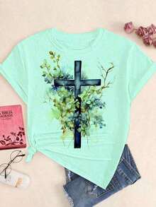 Women's T-Shirt With Cross Roots, Jesus Christ, Christian, Delicate Gospel Style, Religious T-Shirt, Plus Size. - Mint Green - View 2