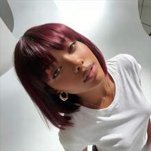 Lolely Dream 99J 酒红色短直波波头假发，带刘海，100% 巴西 Remy 真人发，全机织，180% 高密度蓬松发量，亮丽酒红色，带有挑染，可选姜橙色，质地柔软顺滑，不易掉发和打结，透气帽设计 - S99JA - 查看 3