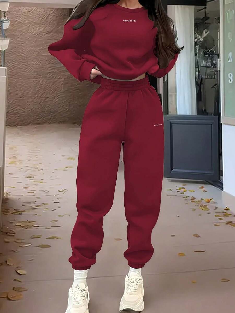 Spring-Appropriate Women's Crew Neck Two-Piece Set, Comes With Letter Detail And Comfortable Fit, Versatile To Pair With Daily Shoes, Ideal For Casual Moments, Essential 2 Piece Set For Women's Spring Outfits - Đỏ - Xem 1